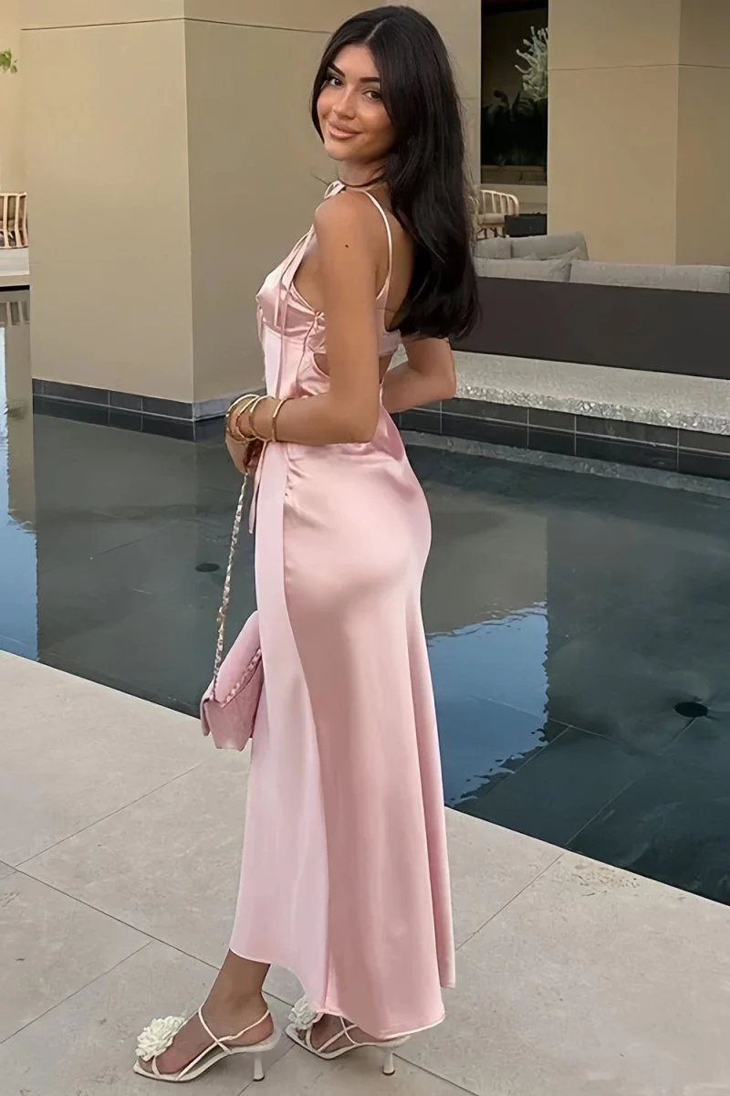 Pink Sheath Spaghetti Straps Satin Long Prom Dresses With Keyhole