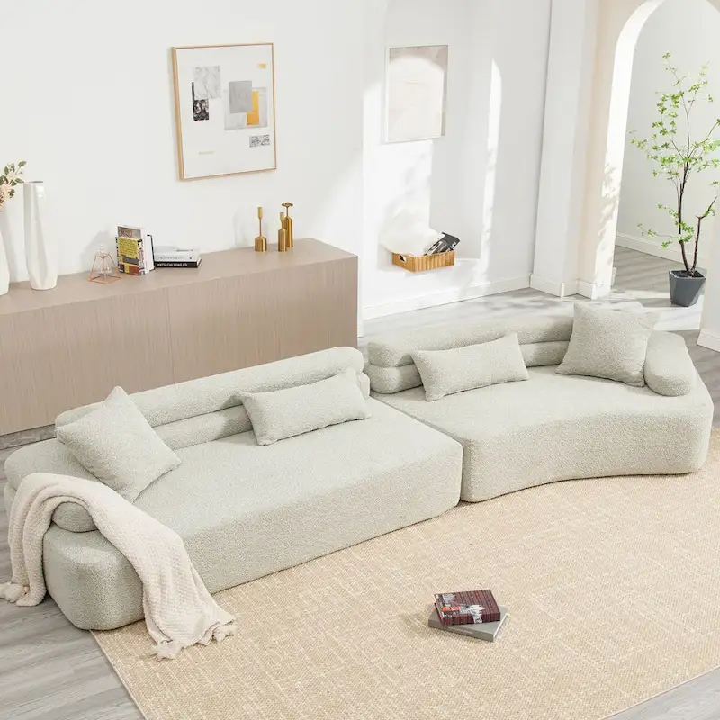 Modern Boucle 4-Seater Upholstered Sectional Sofa with 4 Pillows