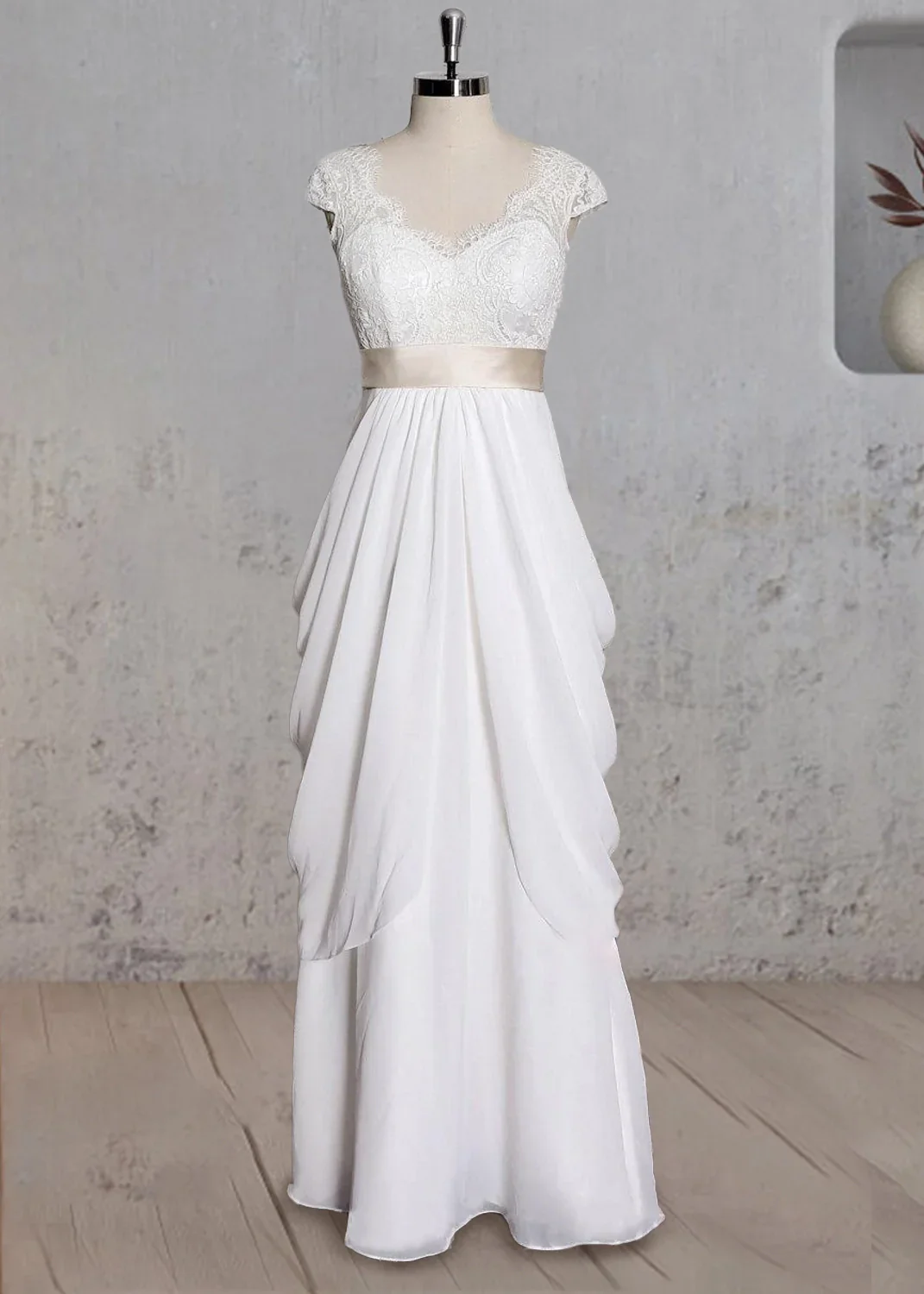 Special Design Lace Cap Sleeve Chiffon Skirt With Champagne Sash
