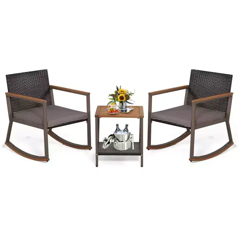 Costway 3 PCS Patio Rattan Rocking Chair Bistro Set Armrest Cushion Table with Storage Shelf Navy/Grey/Off White