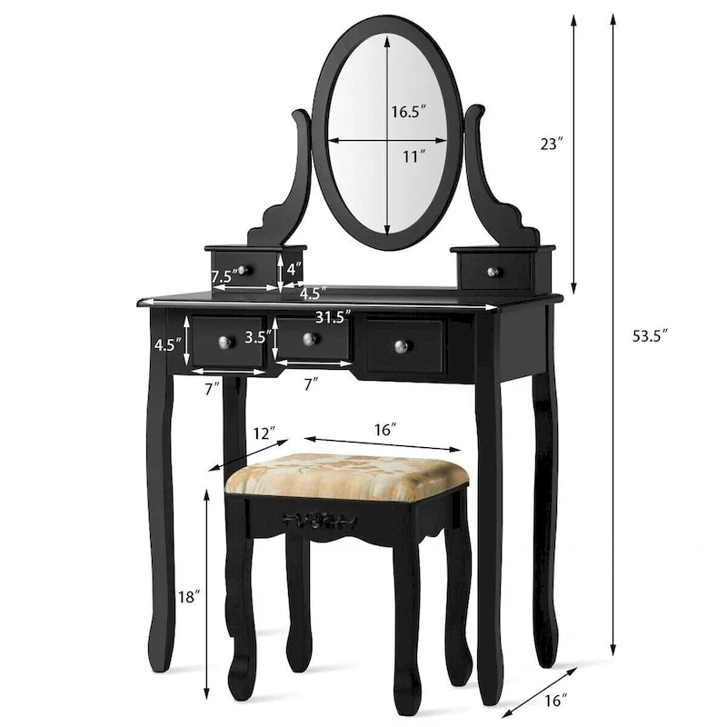 Costway Vanity Table Dressing Table 5 Make Up Table Stool