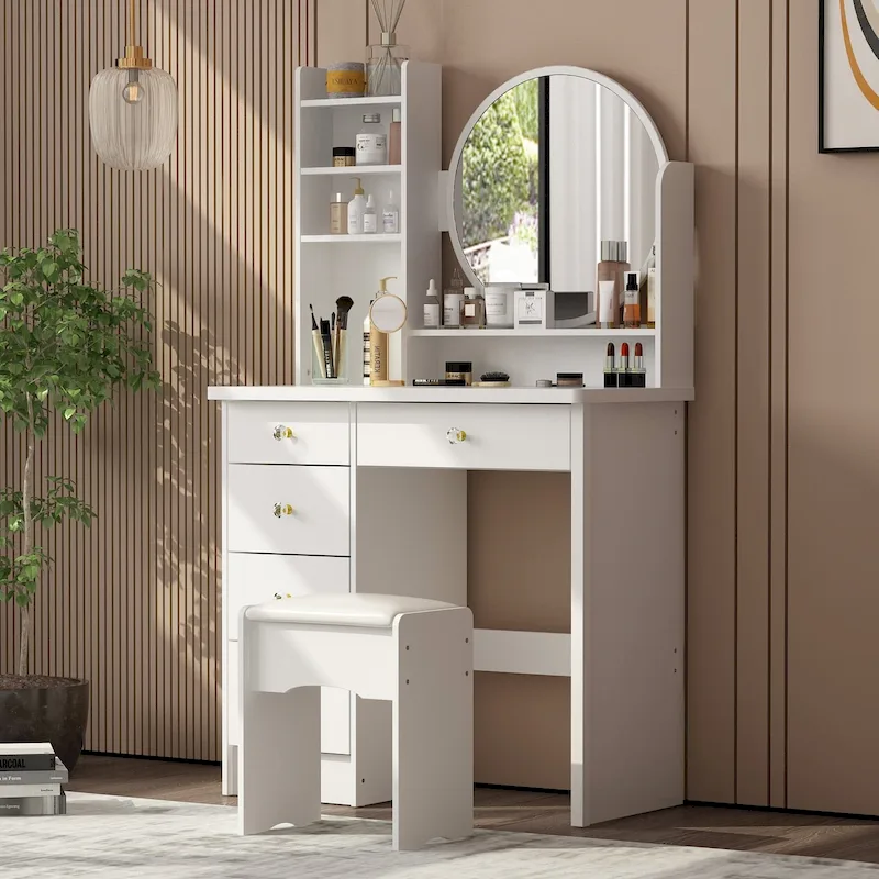 Makeup Vanity Set with Round Mirror, Drawers & Shelves
