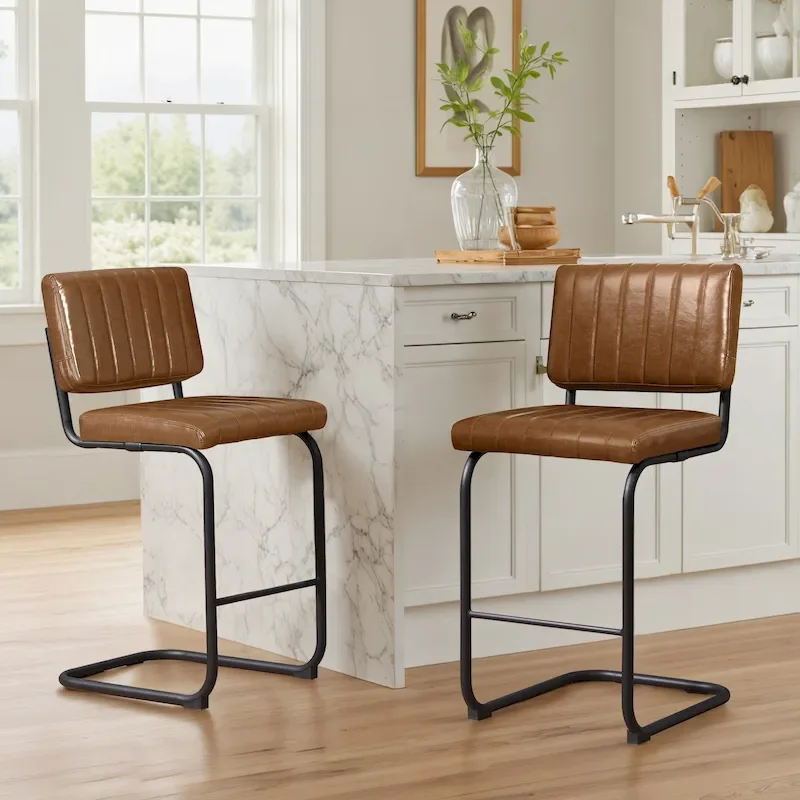 Brown Faux Leather Counter Stool with Chrome Frame