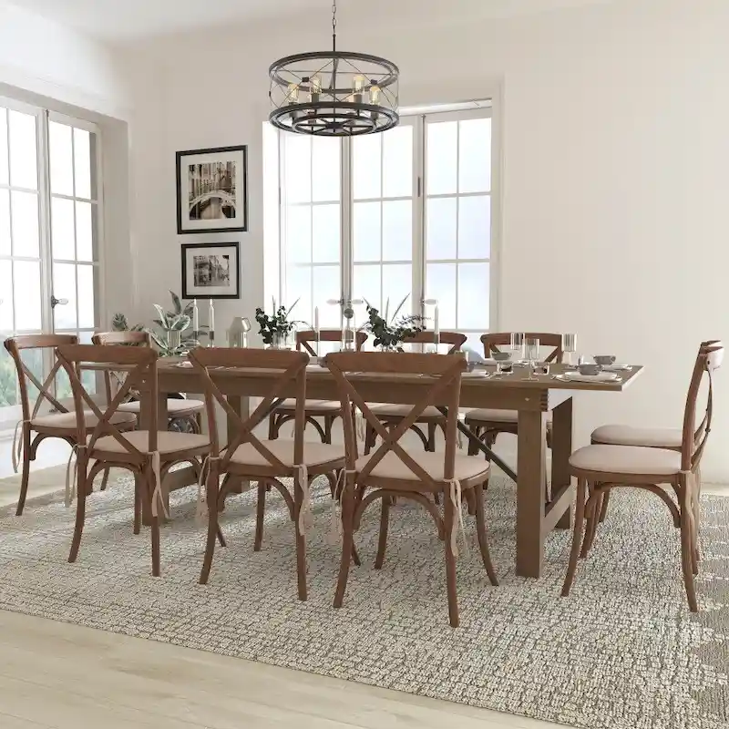 8' x 40 Rustic Folding Farm Table with 10 Cross Back Chairs and Cushions