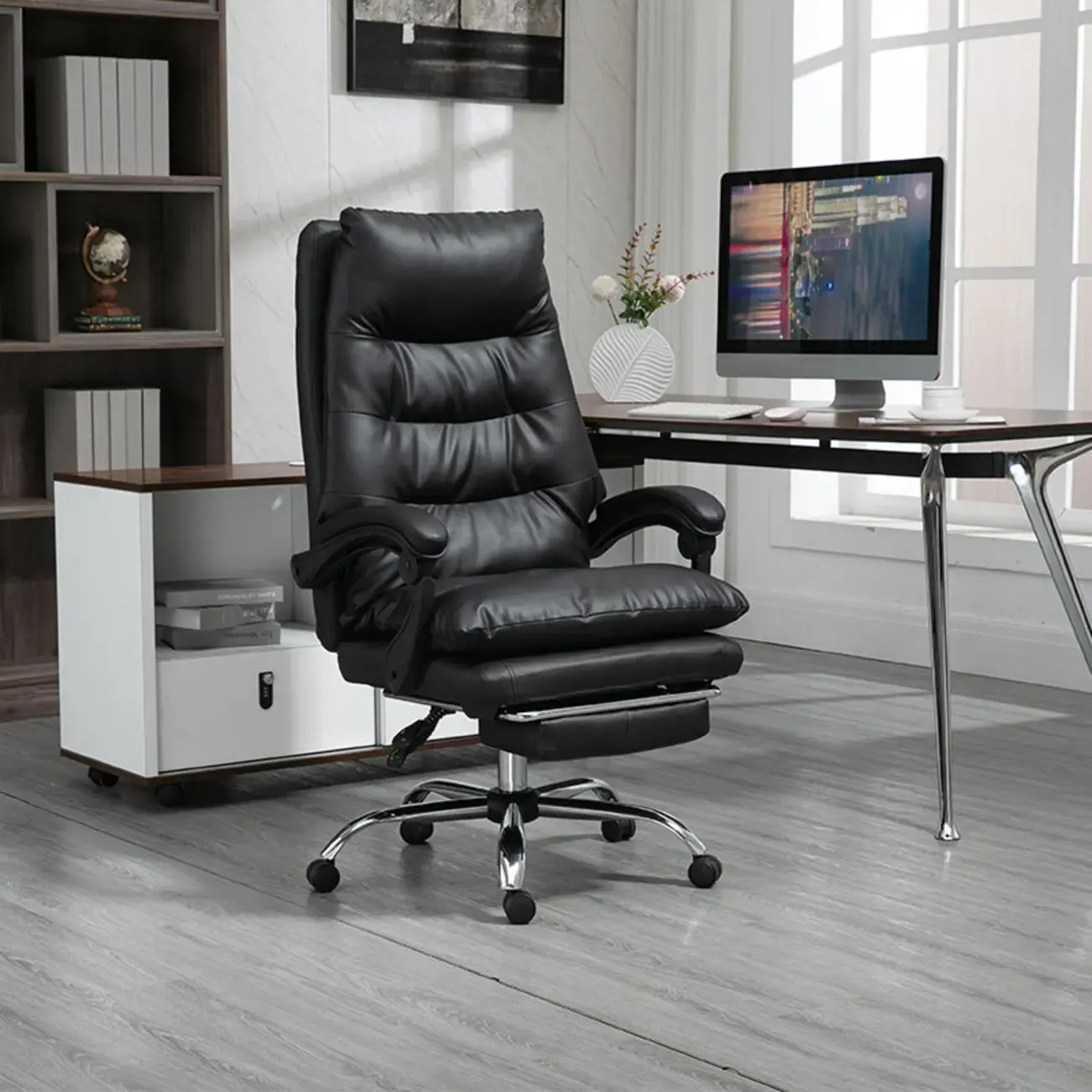 Reclining Black Leather Upholstered Office Chair