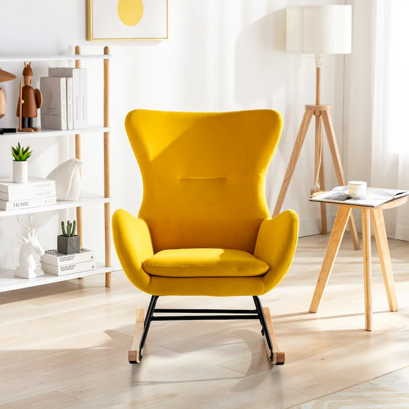 Yellow Modern 33.1 High Back Upholstered Rocking Chair with Rubber Wood Legs and Metal Frame