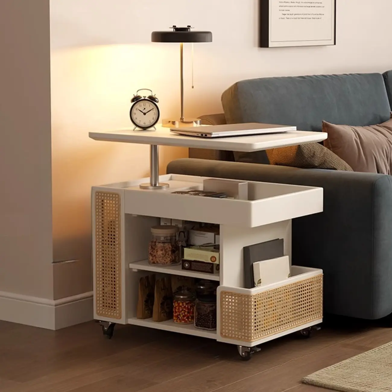 Nut-brown Adjustable Lift Top Wood Trolly Side Table