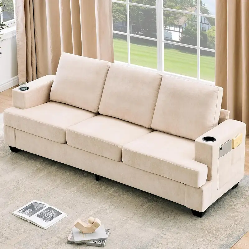 89  3-Seater Sofa, Deep Seat Sofa, Modern Comfy Couches for Living Room with Cup Holders