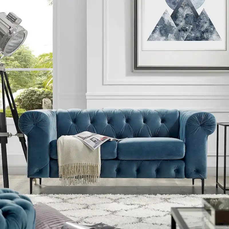 French Blue / Grey / Navy Blue / Teal Velvet Tufted Loveseat, 2-Seat