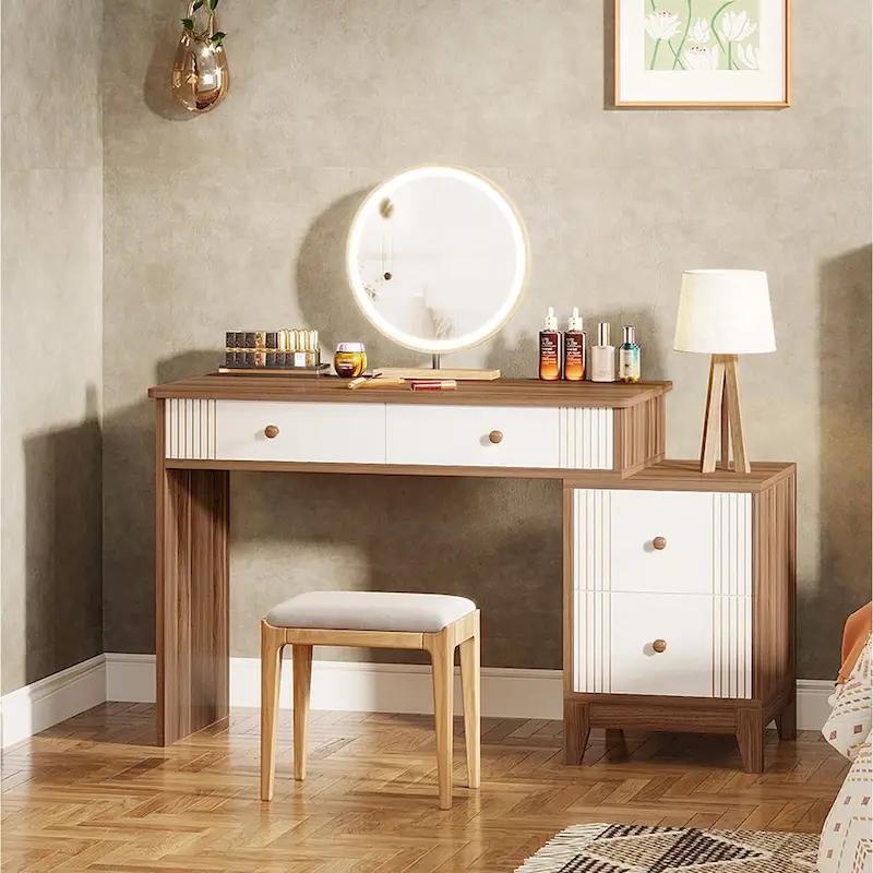 Light Walnut/White & White/Walnut 4-Drawer Makeup Vanity Desk – Single
