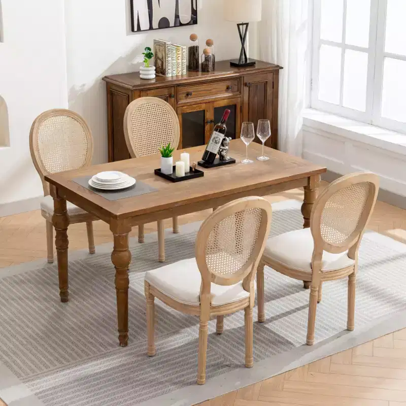 Set of 2 French Style Dining Chairs Upholstered Chairs Accent Chairs Armless Chairs with Rattan Back/Upholstered Back, Natural+Beige/Gray-ModernLuxe