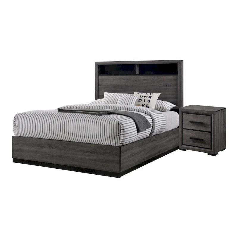Rothwell Contemporary Grey Wood Wood 2-Piece Panel Bedroom Set with Shelves