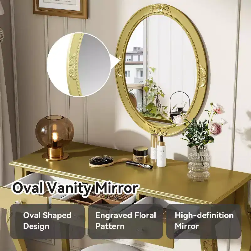 Okak Luxury Vanity Desk with Oval Mirror, Makeup Vanity with 3 Drawers, Vanity Table for Entryway, Living Room, Dressing Room, Gold
