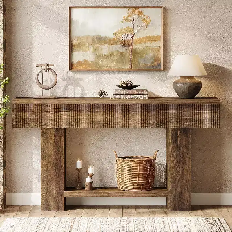 Lantine 55-Inch Wooden Entryway Table with Storage, 2-Tier Farmhouse Console Table, Sofa Table Behind Couch for Hallway, Living Room, Foyer