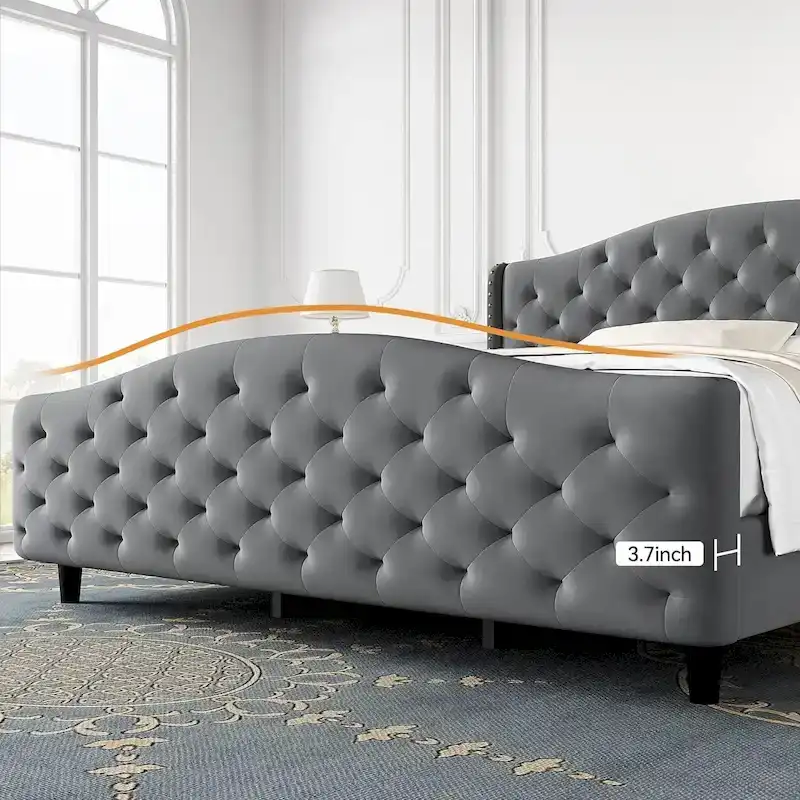 Bed Frame, Wingback Upholstered Button Tufted Headboard, No Box Spring Needed, Load Up to 800Lbs