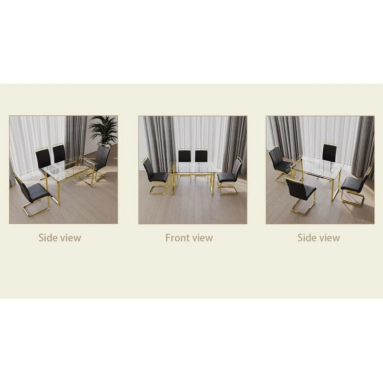 Modern Style 5-Piece Dining Set with Rectangular Tempered Glass Table and High Back Golden Plating Legs Dining Armless Chairs