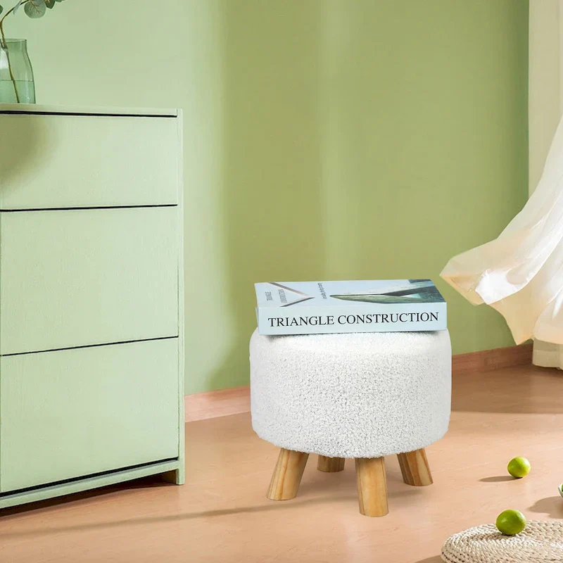 Adeco Round Ottoman Velvet Foot Rest Stool with Non-Skid Legs