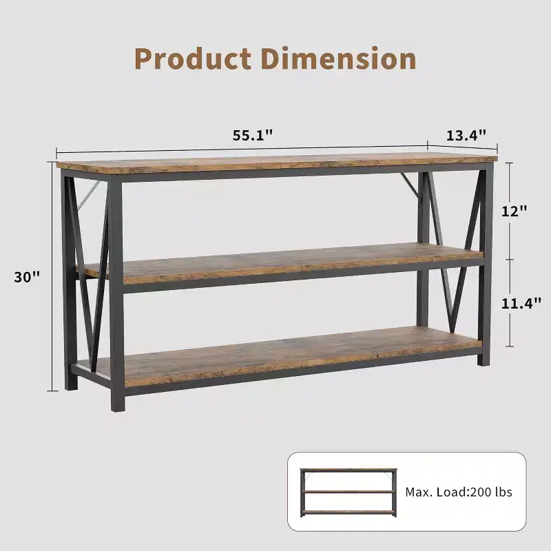 55 Inch Industrial Console Table, 3-Tier Sofa Table with Storage Shelves & V-Shaped Side Design, Long Entryway Table for Hallway,Living Room,Bedroom