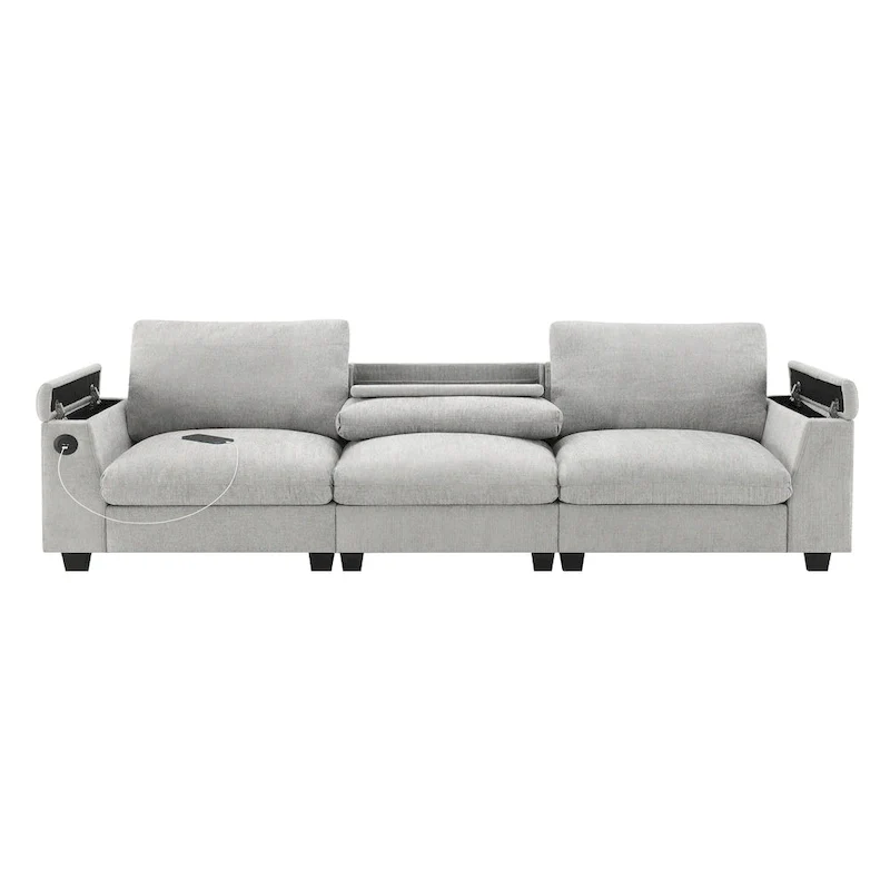 96 Chenille Smart Sectional Sofa with Bluetooth Speaker, Drop-Down Table & USB Charger and 3-Seater Cloud Couch