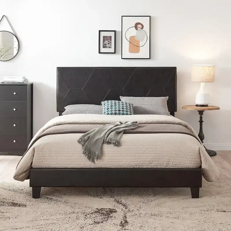 Black PU Leather Queen Upholstered Platform Bed with Slat Support