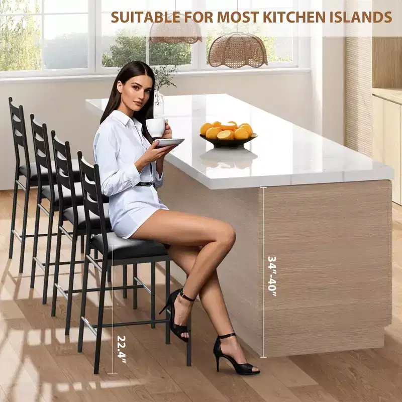 Set of 4 Counter Height Bar Stools, Faux Leather Upholstered Bar Chairs with Wooden Back, Thick Cushion and Footrest for Kitchen Island