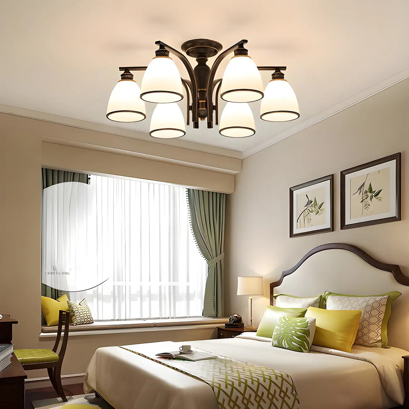 Traditional Black Down Bell Frosted Glass Semi Flush Mount Light