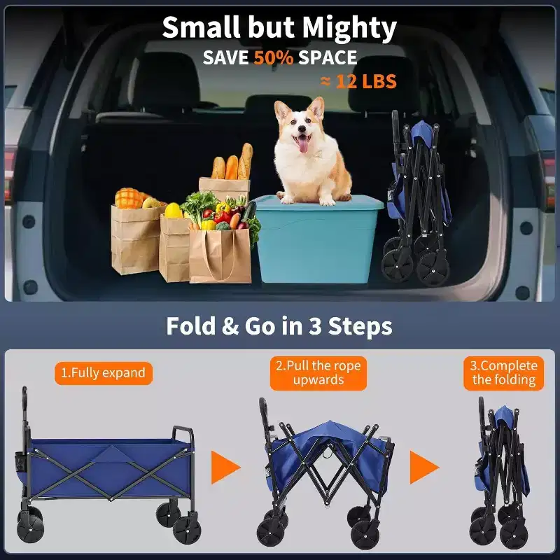 Acekool Collapsible Utility Wagon with 360 Rotating Wheels, 220lbs Load, Adjustable Handle, Beach, Camping, Garden, 73x46.5x89.5cm, Black