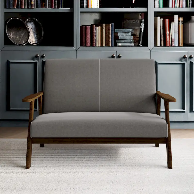 Mid-Century Modern Loveseat 2-Seater Sofa with Wooden Arms - Light Gray Linen Upholstery 46.69