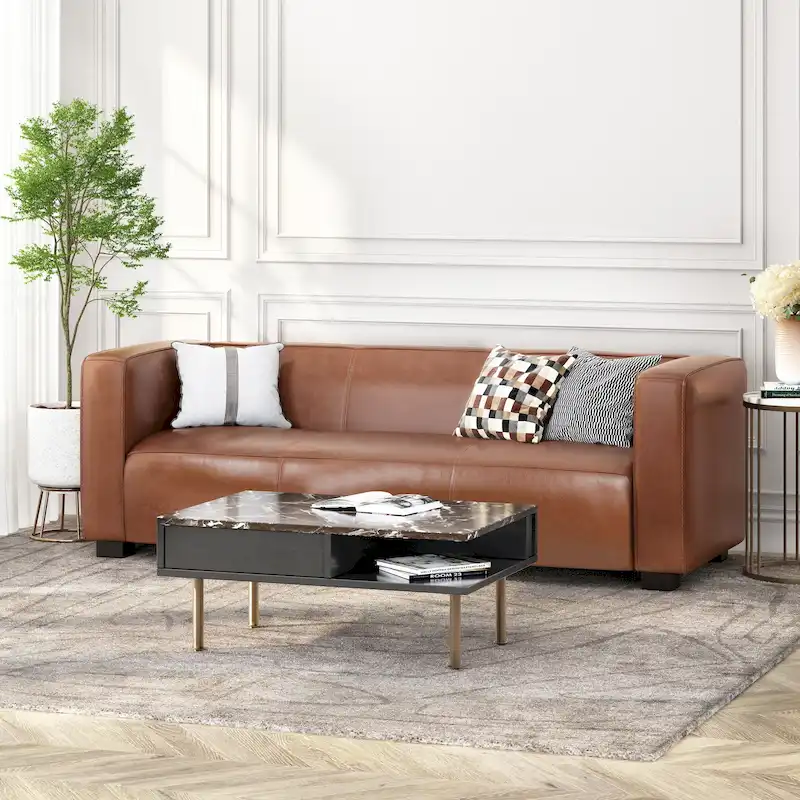 Dark Walnut Faux Leather Tuxedo 3-Seater Sofa (Cognac / Dark Brown / Midnight)