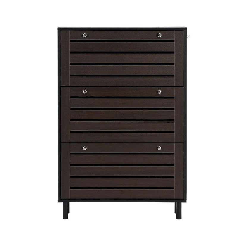 Slim Shoe Cabinet with 3 Flip Drawers & Side Hooks, Black+Dark Brown / White+Dark Brown