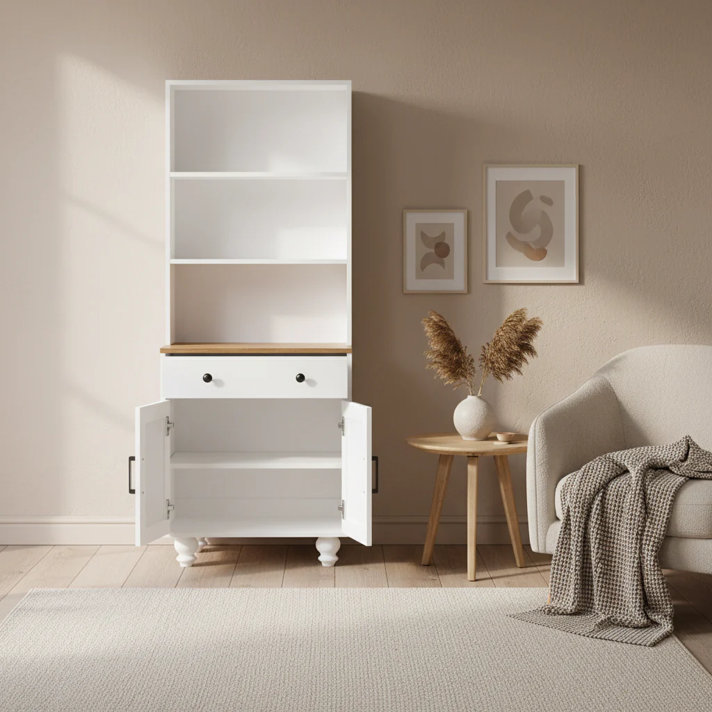 Storage Cabinet with 4 Solid Wood Gourd-Shaped Legs,Kitchen Pantry Cabinet with Adjustable Shelves,5 Tier Bookshelf with Drawer