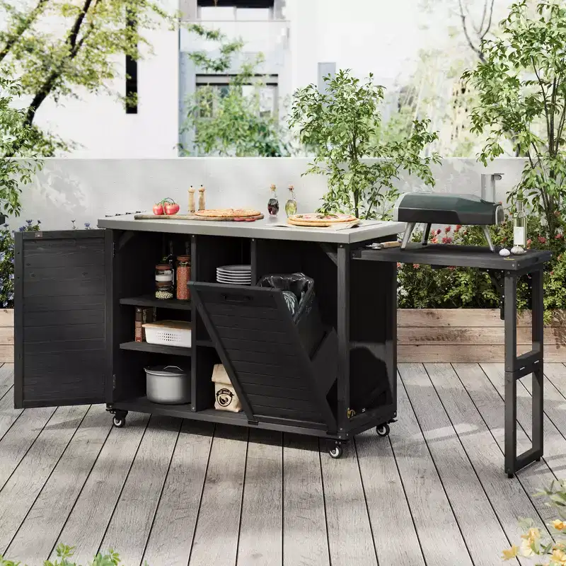 FAMYYT 78.3-Inch Outdoor Kitchen Island with Stainless Steel Countertop, Foldable BBQ Station, and Storage Cabinets, Black