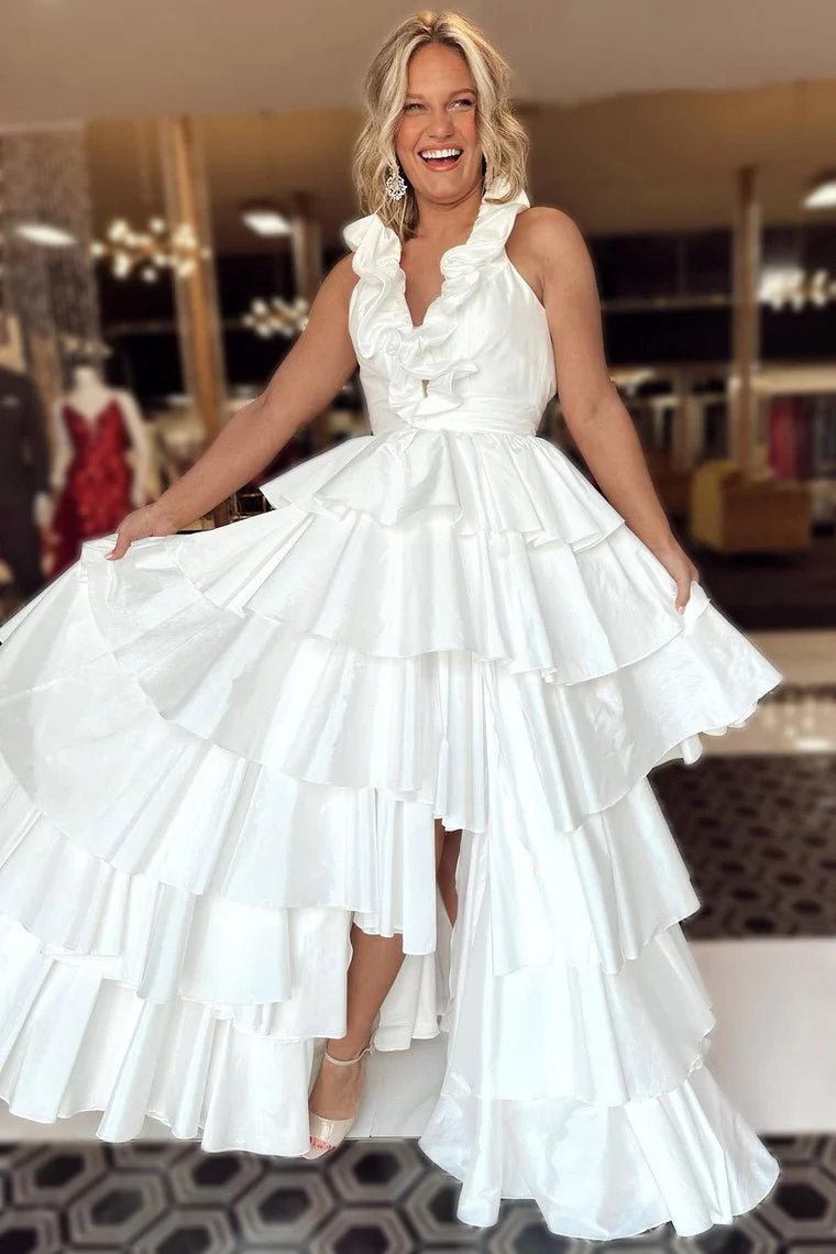 Halter Red Ruffle Tiered A-Line Prom Dress