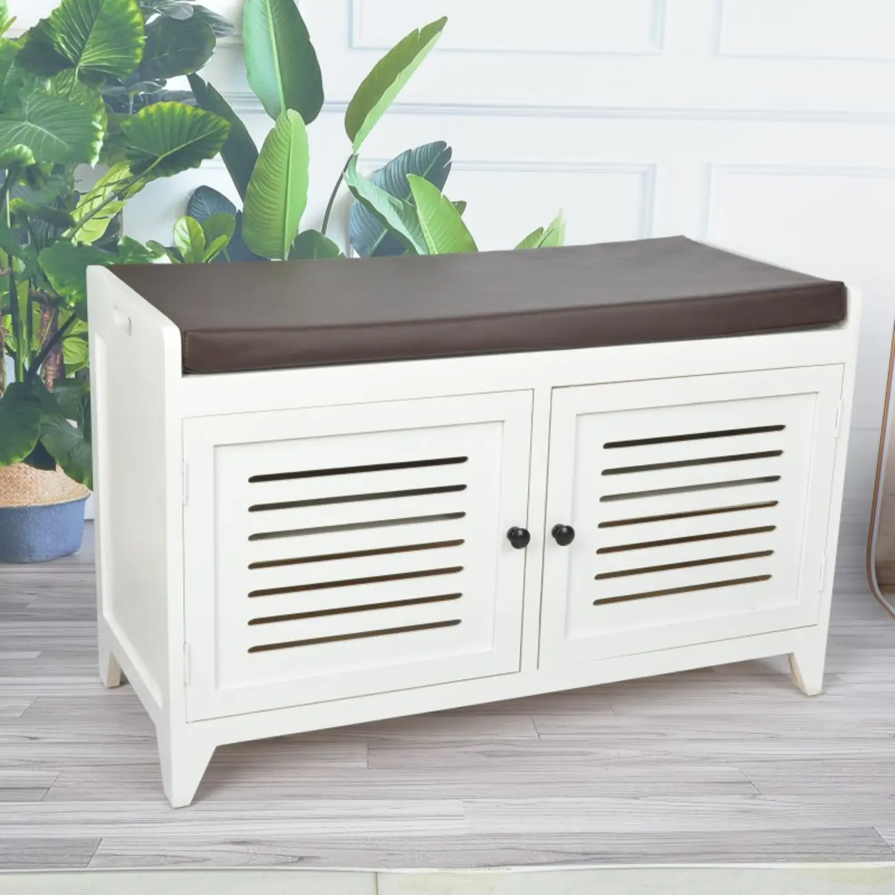 Entryway Wooden Cushioned Shoe Bench with Cabinet