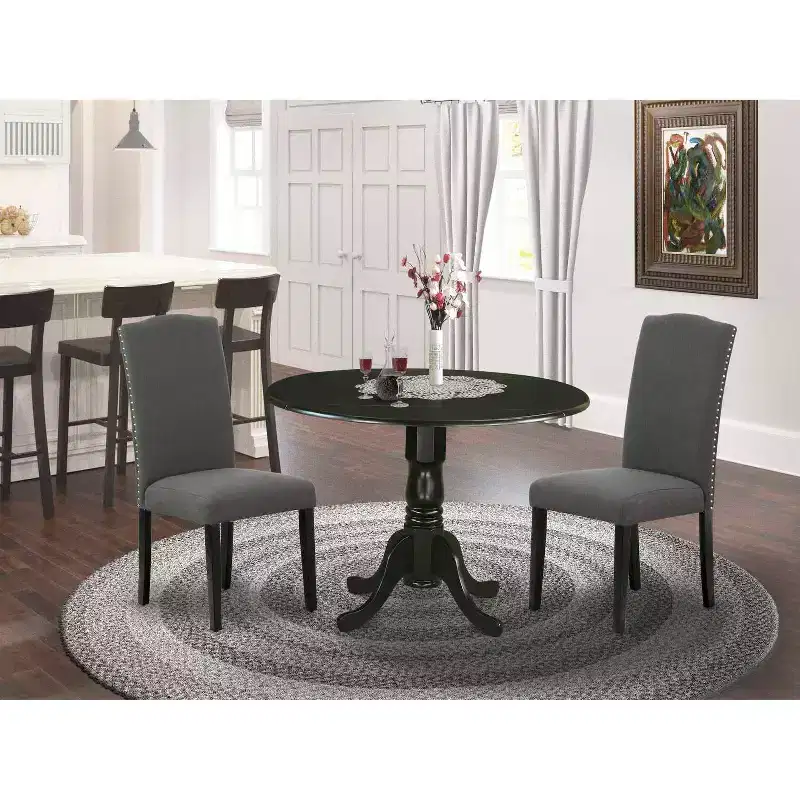 HomeStock 3-Piece Round Black Finish Solid Wood Top Dining Table with 2 Parson Chairs with Drop Leaf