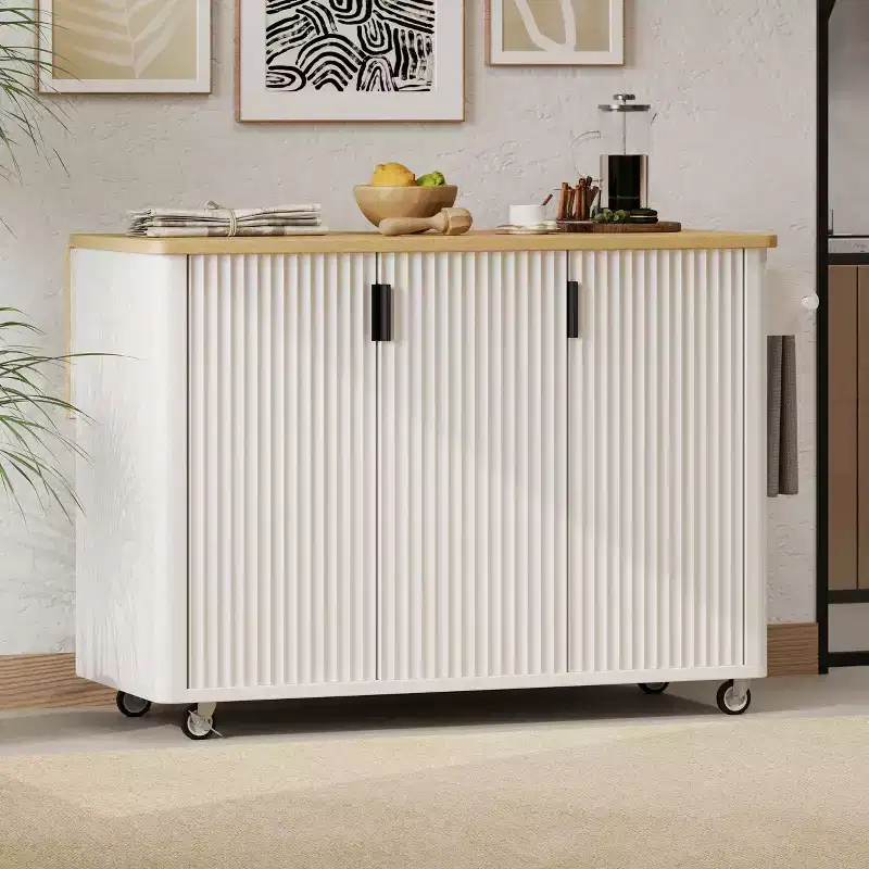 JVNOXK 51-inch Recessed Farmhouse-Style Kitchen Island with Folding Table Top Towel Rack and Rolling Cart, Suitable for Kitchens, White Ash Wood