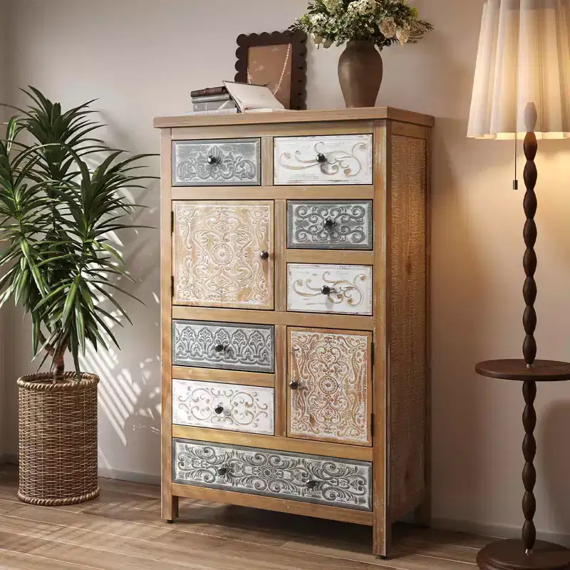 MAYEERTY Vintage Wooden Accent Chest with 6 Drawers 2 Cabinets Rustic Multicolor Carved Storage Dresser for Living Room