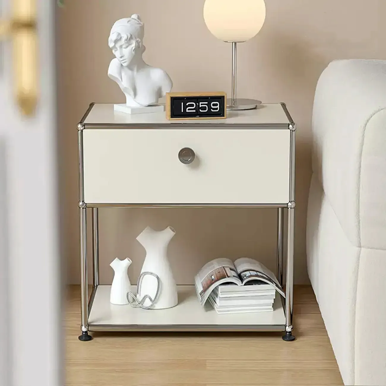 Modern Steel Nightstand with Drawer and Open Shelf