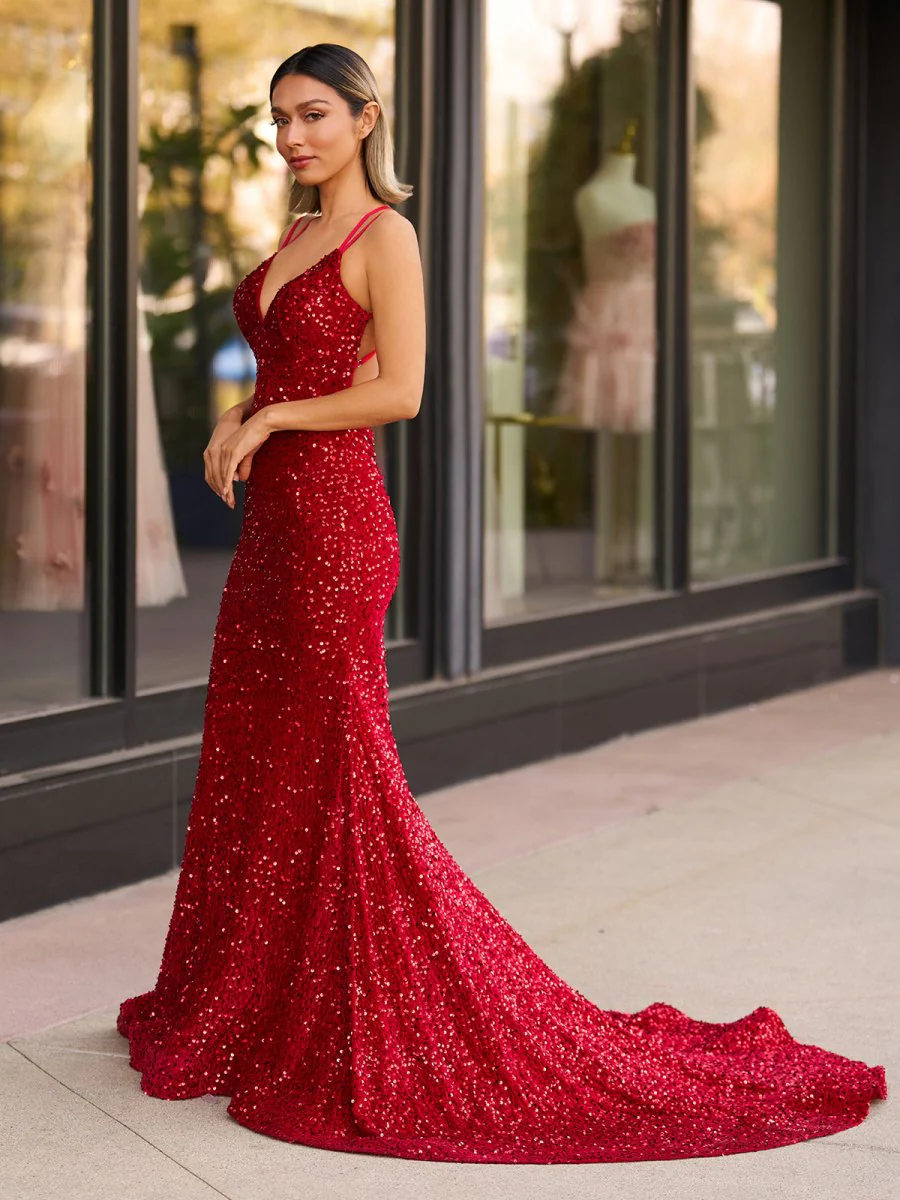 Sparkly Blue Mermaid Sequins Long Backless Prom Dress