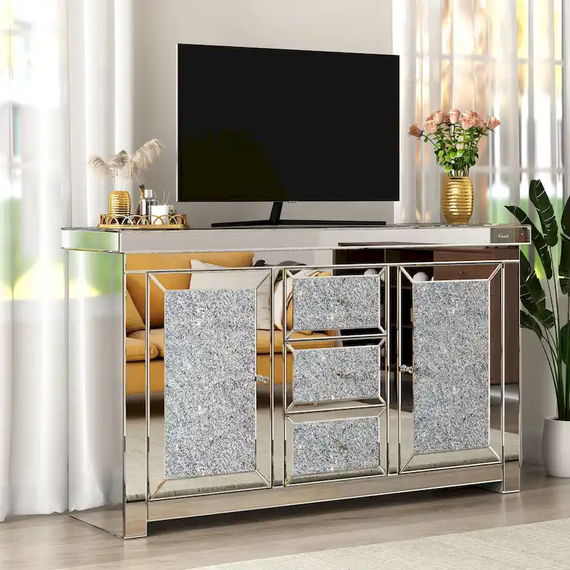 Glam Mirrored Diamond 3-Drawers Accent Cabinet Sideboard