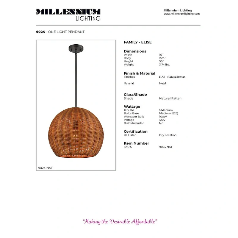 Millennium Lighting Elise Natural Rattan 1 Light Dome Pendant Fixture
