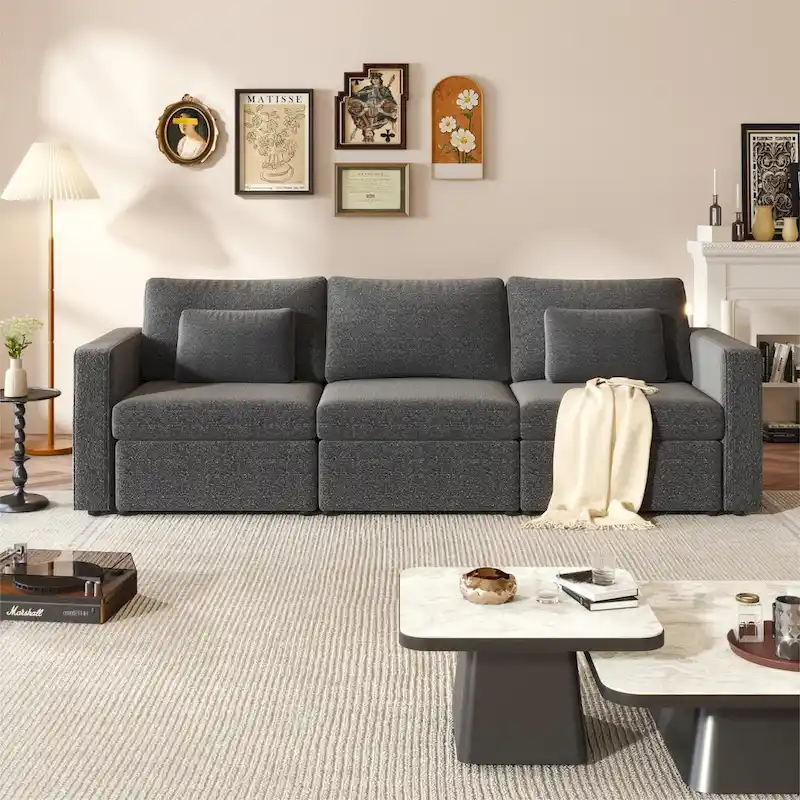 Beige Cotton Linen L-Shape Sectional Sofa with Storage Ottoman, Seats 4+