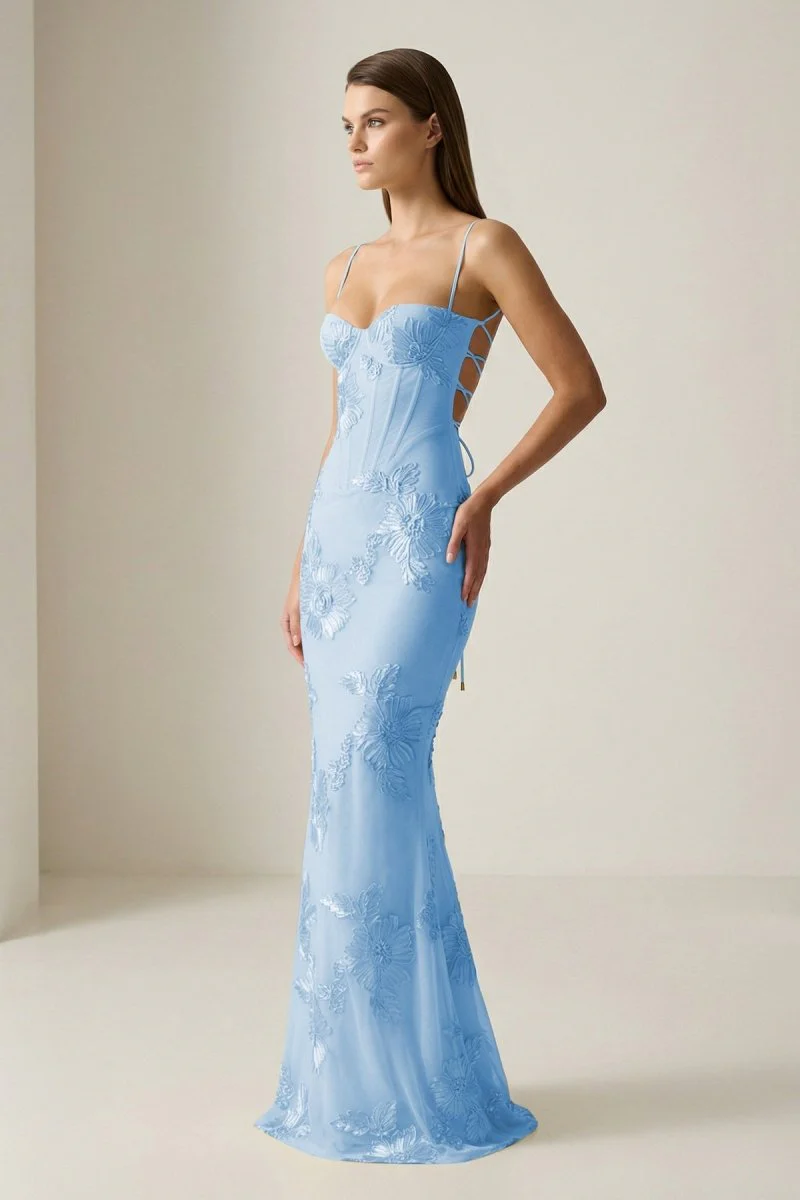 Yellow Spaghetti Straps Sheath Long Prom Dresses With Floral Embroidery