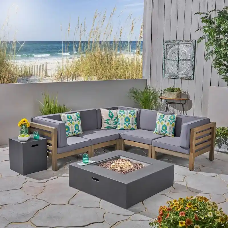 Oana Outdoor 7-Piece V-Shaped Acacia Wood Sectional Sofa Set with Fire Pit by Christopher Knight Home