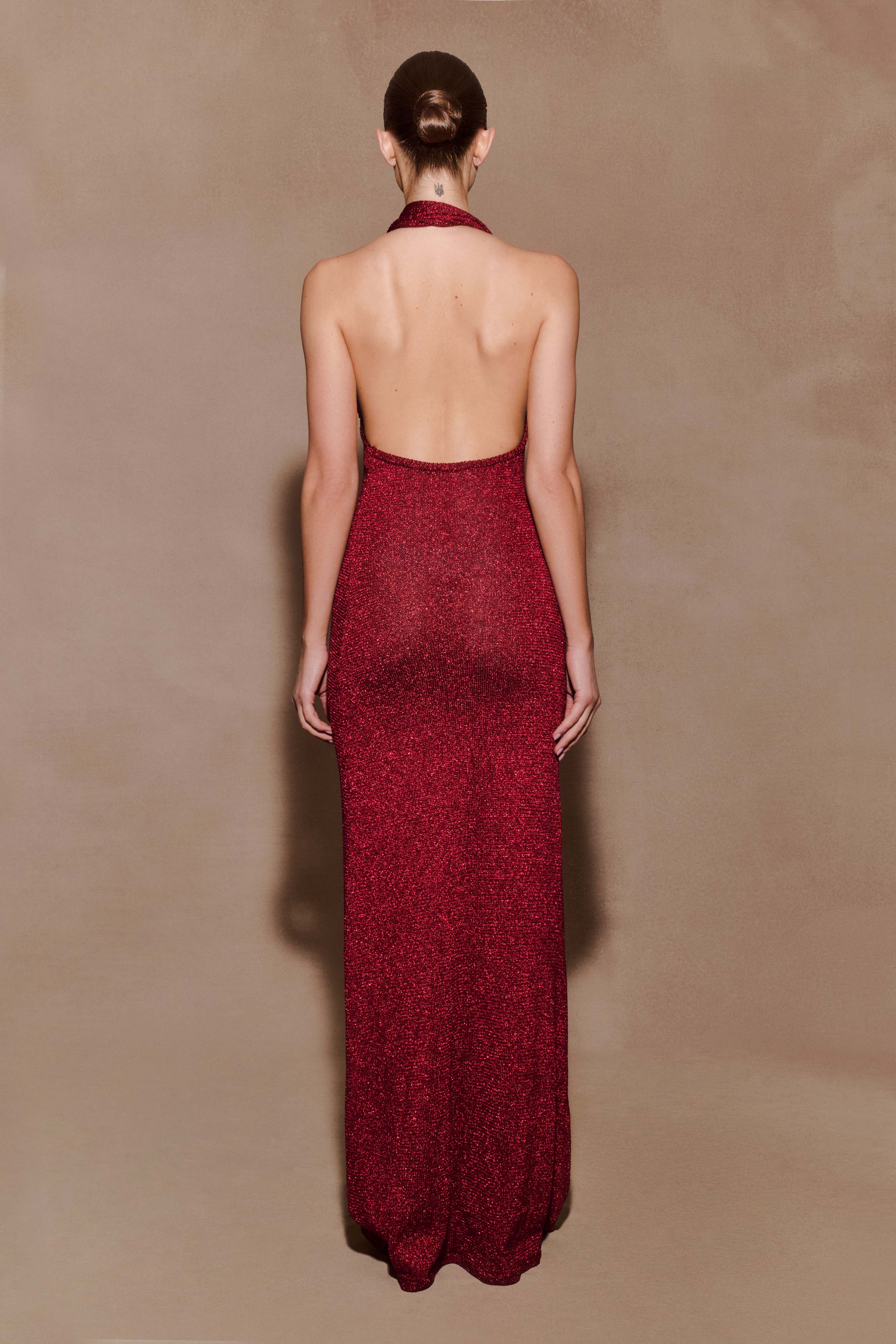 Elma Lurex Knit Halter Maxi Dress - Deep Red