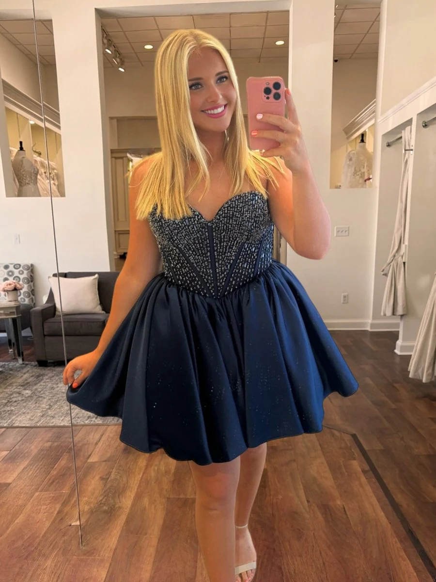 Navy Blue - Strapless Satin A Line Short Homecoming Dresses With Beading