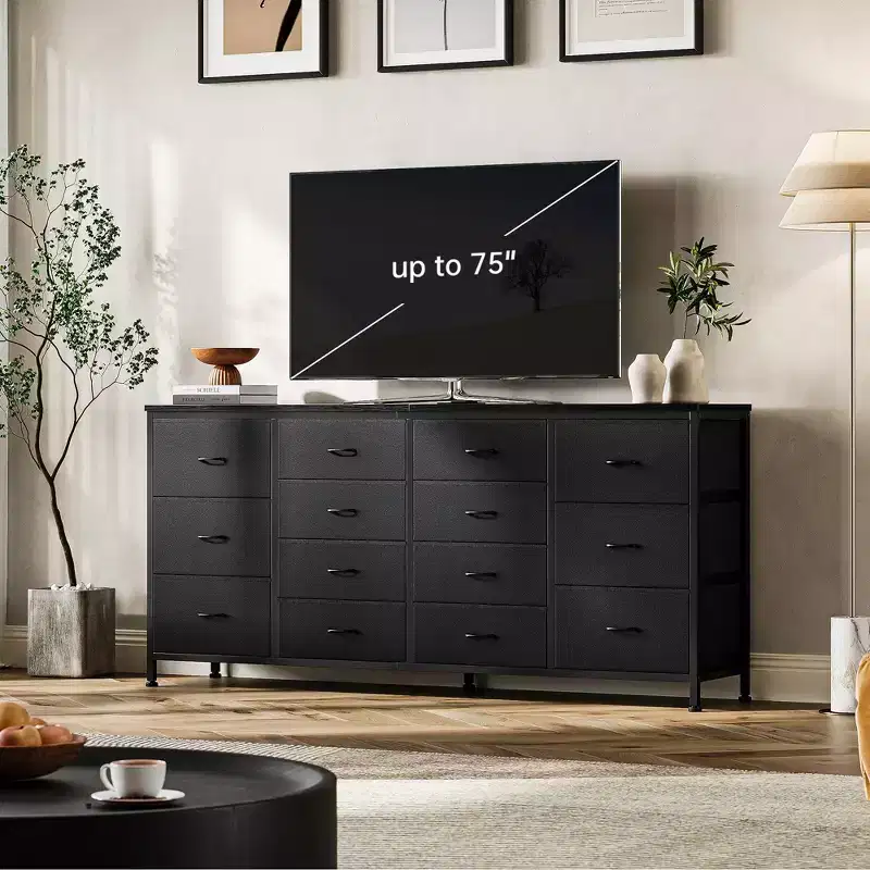 63 Wide Fabric TV Stand with 14 Drawers  Large Entertainment Center for 65-75 Inch TVs with Built-in Power Outlets, for Bedroom Closet Living Room