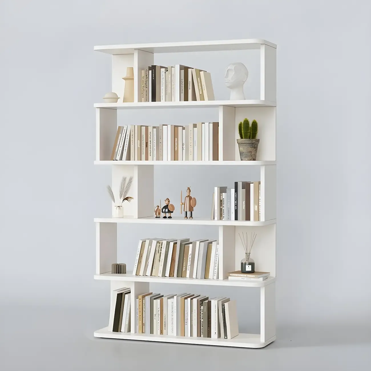 Tall Modern Walnut Open Back 6-Shelf Wood Bookcase