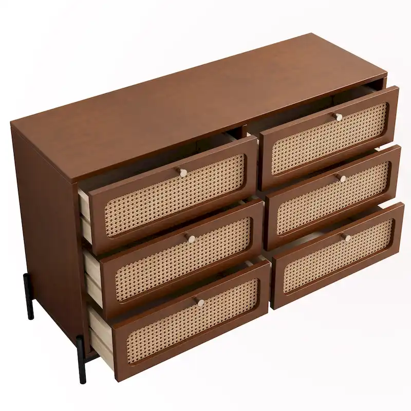 6-Drawer Rattan Wood Nightstand