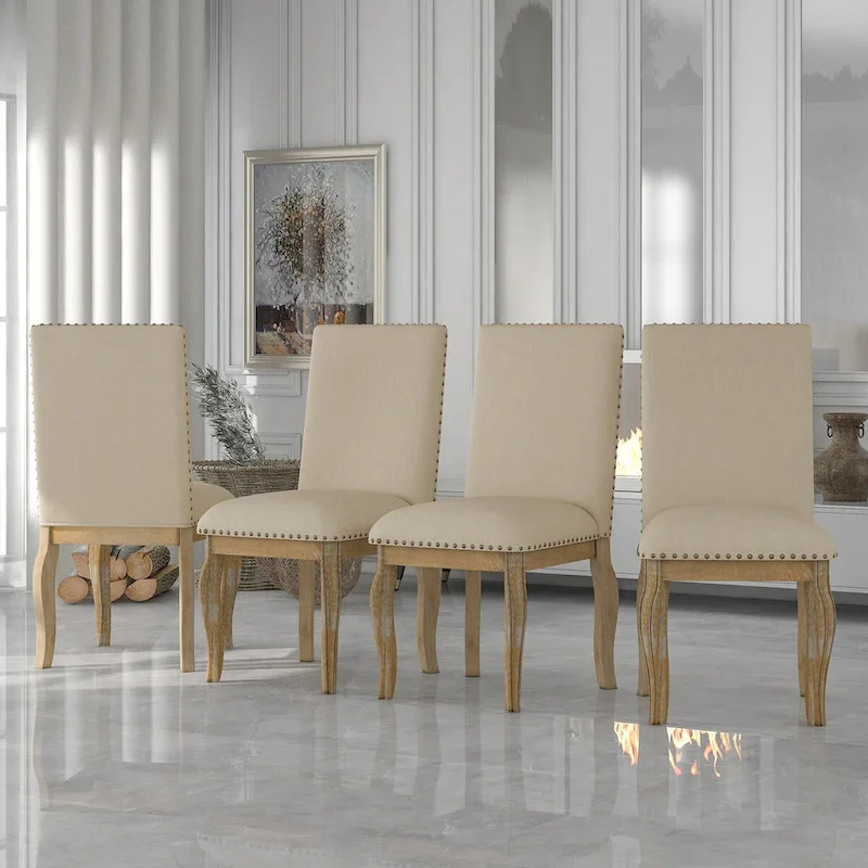 Upholstered Dining Chair with Nailhead Trim, Espresso/Natural, Set of 4